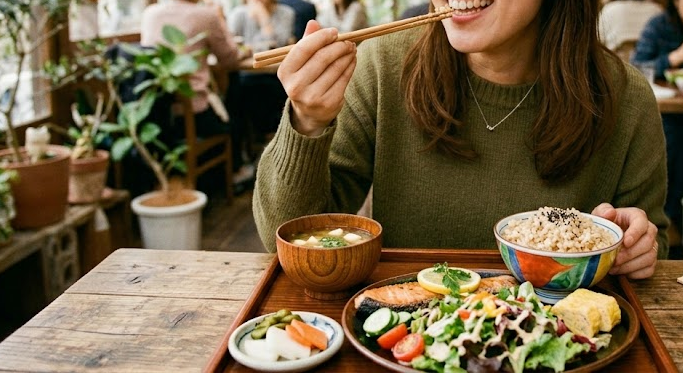 女性がおいしそうに玄米ランチを食べる写真