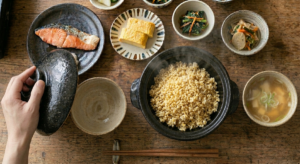 あたたかい玄米が並ぶ食卓の写真